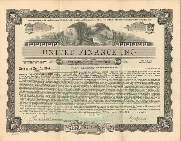 United Finance Inc. - Stock Certificate